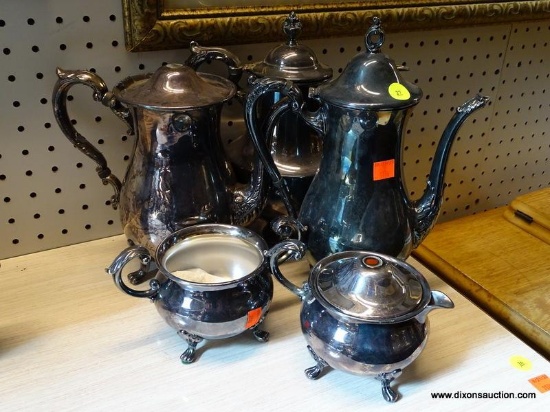 (WALL) LOT OF ASSORTED SILVERPLATE; 5 PIECE LOT OF TEA SET SILVERPLATE TO INCLUDE A TEA POT (CHIPPED