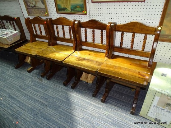 (WALL) SET OF WALNUT SIDE CHAIRS; 4 PIECE SET OF RUSTIC SIDE CHAIRS WITH A BANNISTER BACK AND HOUR