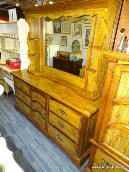 (R1) DRESSER WITH MIRROR; WALNUT, COUNTRY STYLE DRESSER WITH A SHELVED MIRROR TOP AND A 6 DRAWER
