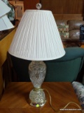(R2) TABLE LAMP; CUT GLASS TABLE LAMP WITH POLISHED CHROME BASE, COOLIE SHADE AND CRYSTAL BALL