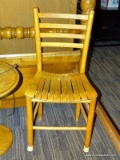 (R2) LADDER BACK SIDE CHAIR; OAK SIDE CHAIR WITH A LADDER BACK, A SLAT SEAT, AND A BOX STRETCHER.