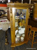 (R2) ANTIQUE CORNER CABINET; OAK, ROUND FRONT CORNER CABINET WITH 4 GLASS SHELVES AND A BRACKET