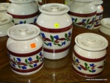 (R2) SET OF HAND PAINTED JARS; 3 PIECE SET OF RED/GREEN/BLUE HAND PAINTED, LIDDED JARS TO INCLUDE A