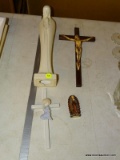 (R2) LOT OF RELIGIOUS FIGURINES AND CROSSED; 4 PIECE LOT TO INCLUDE A PRAYING MADONNA 13.5