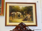 (WALL) FRAMED COLONIAL PRINT; DEPICTS A SCENE OF WHAT APPEARS TO BE A HIGH RANKING OFFICIAL