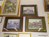 (WALL) SET OF FRAMED HUNT STYLE PRINTS; DEPICTS HORSEBACK MEN AND HUNTER DOGS CROSSING THE FIELDS