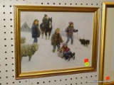 (WALL) SLEDDING FRAMED PRINT; DEPICTS CHILDREN ON A FARM SLEDDING DURING A SNOW STORM. SITS IN A