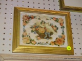 (WALL) FRAMED FLORAL PRINT; DEPICTS A FLORAL ARRANGMENT AND DOVES IN A BASKET. HAS 