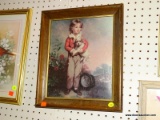 (WALL) PRINT ON BOARD; DEPICTS A PORTRAIT OF A YOUNG CHILD HOLDING A SMALL DOG. SITS IN A WOODEN