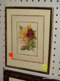 (WALL) FLORAL PRINT; DEPICTS AN ARRANGMENT WITH A PEACH, RED, AND PINK ROSE. SITS IN A POLISHED