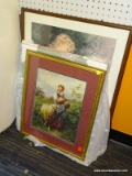 (WALL) LOT OF FRAMED PRINTS; 4 PIECE LOT TO INCLUDE A PRINT OF A FARM GIRL HOLDING A LAMB, 2 PRINTS