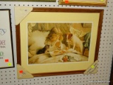 (WALL) FRAMED PRINT; DEPICTS A CHILD PRAYING BEFORE EATING BREAKFAST IN BED WITH A CAT AND DOG