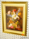 (WALL) FLORAL STILL LIFE; DEPICTS AN ARRANGMENT OF FLOWERS SITTING IN A PLANTER AND ON TOP OF A