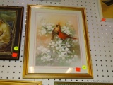 (WALL) BIRD PRINT; DEPICTS A MALE AND FEMALE CARDINAL SITTING ON A PLANT WITH BLOOMING WHITE