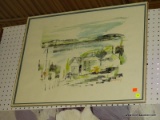 (WALL) ALFRED BIRDSEY FRAMED WATERCOLOR; ABSTRACT FRAMED WATERCOLOR DEPICTS A HOME SITTING ON THE