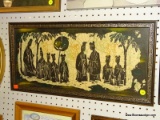 (WALL) FRAMED ORIENTAL PRINT ON FABRIC; DEPICTS A SCENE OF ROBED PEOPLE STANDING IN THE WOODS. SITS