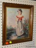 (WALL) PRINT ON BOARD; DEPICTS A PORTRAIT OF A YOUNG CHILID HOLDING A SMALL CAT AND HER BONNET. SITS
