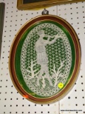 (WALL) PAIR OF FRAMED CROCHETS; 2 PIECE SET OF VINTAGE OVAL CROCHETS. 1 DEPICTS A WOMAN FIGURINE