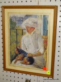 (WALL) FRAMED PORTRAIT PRINT; DEPICTS A GIRL DRESSED IN A WHITE GARMENT AND SITTING IN AN ARM CHAIR