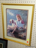 (WALL) FRAMED PRINT; DEPICTS A YOUNG GIRL SITTING ON A ROCK NEXT TO HER DOG AND DIPPING HER TOES