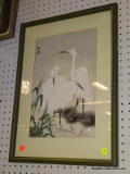 (WALL) FRAMED ORIENTAL PRINT; DEPICTS A GROUP OF 3 CRANES STANDIG IN THE WATER. HAS ORIENTAL