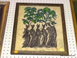 (WALL) FRAMED ORIENTAL PRINT ON FABRIC; DEPICTS A SCENE OF ROBED PEOPLE TANDING IN THE FOREST