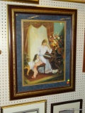 (WALL) FRAMED PRINT; DEPICTS A SCENE OF A MOTHER PLAYING THE PIANO WITH A CHILD WATCHING INTENTLY.