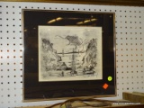 (WALL) ALFRED BIRDSEY FRAMED SKETCH; BLACK AND WHITE FRAMED SKETCH OF AN ALCOVE WITH A SAILBOAT