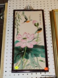 (WALL) FRAMED PAINTED ORIENTAL PORCELAIN TILE; WALL HANGIGN TILE SHOWS A SCENE OF A PINK FLOWER WITH