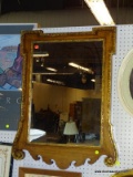 (WALL) CHIPPENDALE STYLE MIRROR; WALNUT, WALL HANGING MIRROR WITH A BOX TOP, A WAVE DETAILED BOTTOM,