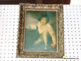 (WALL) FRAMED PRINT ON BOARD; DEPICTS A YOUNG CHILD WITH HER ARMS WRAPPED AROUND A BUNNY. SITTING IN