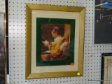 (WALL) FRAMED PRINT; DEPICTS A YOUNG WOMAN SITTING ON A HER BED READING A BOOK. DOUBLE MATTED IN