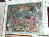 (WALL) FRAMED ANIMAL PRINT; DEPICTS A SCENE OF ASSORTED AFRICAN ANIMALS SURROUNDED BY NATIVE PLANTS