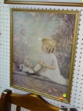 (WALL) FRAMED PRINT; DEPICTS A CHILD SITTING ON A LEDGE LOOKING UP AT A BIRD SITTING ON A BRANCH.