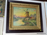 (WALL) FRAMED PINT; DEPICTS A SCENE OF A WINDMILL SITTING ON THE WATER NEXT TO A HOME. SITS IN AN