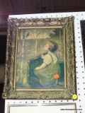 (WALL) FRAMED PRINT ON BOARD; DEPICTS A SCENE OF A GIRL SITTING OUTSIDE ON A BENCH LOOKING AT A BIRD