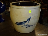(R2) ANTIQUE CROCK WITH BLUE BIRD AND 3 MAKED ON IT. MEASURES 10