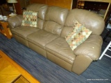 (R3) ENGLAND LA-Z-BOY LEATHER SOFA; LIGHT BROWN LEATHER, 3-CUSHION, RECLINING SOFA WITH EXTRA COMFY
