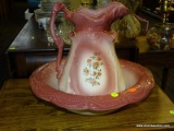 (R3) VINTAGE IRONSTONE U.S.A. PITCHER AND BASIN WITH A PINK COLOR. MARKED ON THE BOTTOM.