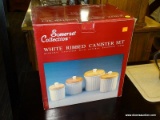(R3) SOMERSET COLLECTION 4 PC. WHITE RIBBED CANNISTER SET WITH NATURAL HARDWOOD LIDS. COMES IN