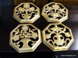 (R3) LOT OF SYROCO WALL ART; 4 PIECE LOT OF OCTAGONAL, GOLD TONED, PLASTIC WALL ART WITH FLOWER