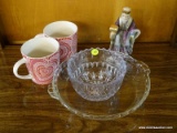 (R3) LOT OF ASSORTED ITEMS; 5 PIECE LOT TO INCLUDE A PYREX PIE PLATE, A ROUND CRYSTAL BOWL, 2 HEART