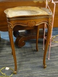 (R3) FRENCH PROVINCIAL SIDE TABLE; WALNUT, FRENCH PROVINCIAL SIDE TABLE WITH A SCROLLING SCALLOPED