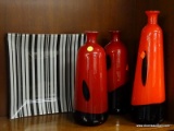(R3) GLASS VASES AND GLASS PLATE; 4 PIECE LOT TO INCLUDE A SET OF 3 RED AND BLACK GLASS VASES (2 ARE