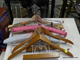 (R4) LOT OF COAT HANGERS; 9 PIECE LOT TO INCLUDE A PAIR OF LOCKING CLAMP WOODEN COAT HANGERS, 2