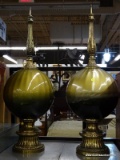 (R4) PAIR OF ORNATE BRASS AND GLASS ORB DECORS. WAS A TABLE LAMP AT SOME POINT, CONVERTED TO DECOR.