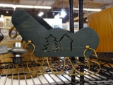 (R4) DECORATIVE SLED; GREEN PAINTED WOODEN SLED WITH GOLD PAINTED METAL RAILS.