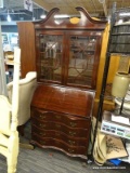 (R4) ANTIQUE MADDOX SECRETARY DESK; RED MAHL FINISHED, BOW FRONT SECRETARY DESK WITH A BROKEN ARCH