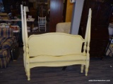 (R4) FULL SIZE BED; YELLOW CREAM PAINTED, WOODEN 4 POSTER BED WITH A ROUNDED TOP HEADBOARD. MISSING