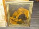 (R4) ANTIQUE PRINT ON CANVAS; DEPICTS A PORTRAIT YOUNG GIRL SITTING DOWN IN A CHAIR LOOKING AT A